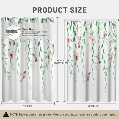 No Hook Floral Shower Curtain with Liner, Green Pink, 71x74 | Snap in Liner, 3 in 1, Water Repellent, Easy Install, Machine Washable, Hotel Style for Bathroom, Watercolor Pattern