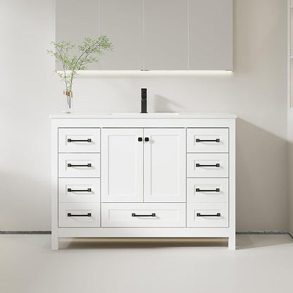 eclife 48" Bathroom Vanities with Sink Combo, Modern Thickened Wood Bathroom Storage Cabinet w/Undermount Single Sink, Matte Black Faucet Drain, Painted Surface, White