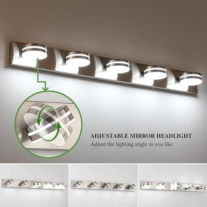 Brushed Nickel Bathroom Light Fixtures Over Mirror, 5-Light Bathroom Vanity Light, LED Dimmable Bath Lights, Modern Dimmable Vanity Lighting with Rotating Lamp Head, 5500K