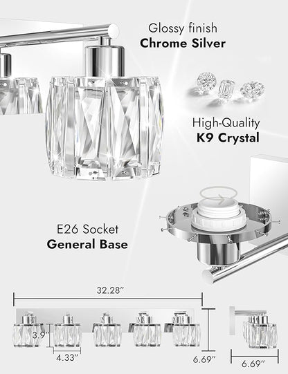 VOLISUN Crystal Vanity Lights - 5 Light Modern Stainless Steel & Chrome Bathroom Light Fixtures Over Mirror - UL Certificated (Exclude Bulb)