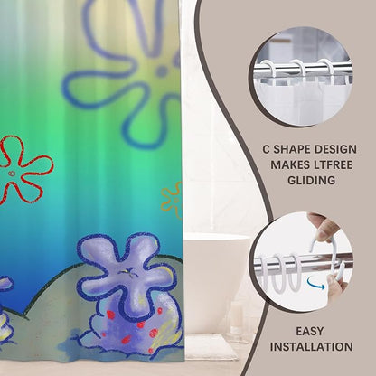 Cute Anime Cartoon Green Ocean Beach Kids Shower Curtain Set 72x78 Inches | Cute Anime Cartoon Green Ocean Beach Print, Gradient Underwater Housewarming Sea Lover Guest Kids Bathroom Decor, With Hooks