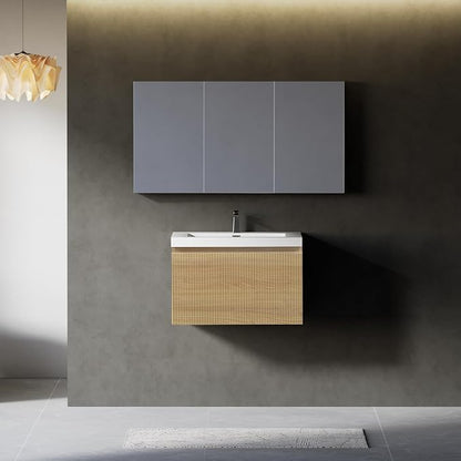 24 Inch Floating Bathroom Vanity with Sink, Natural Oak | Storage Cabinet Wall Mounted Striped Cabinet, Glossy White Solid Surface Basin, Soft Close Drawers, Fully Assembled