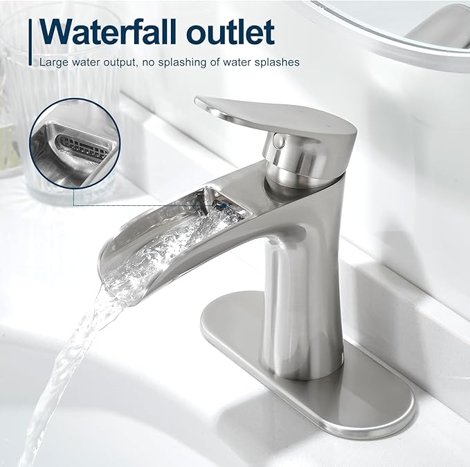 VOTON Bathroom Faucets Brushed Nickel Single Handle Waterfall Sink Faucet One Hole or Three Holes with Deck Mount Vanity Farmhouse RV Vessel Basin Faucet