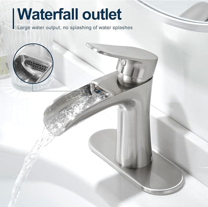 VOTON Bathroom Faucets Brushed Nickel Single Handle Waterfall Sink Faucet One Hole or Three Holes with Deck Mount Vanity Farmhouse RV Vessel Basin Faucet