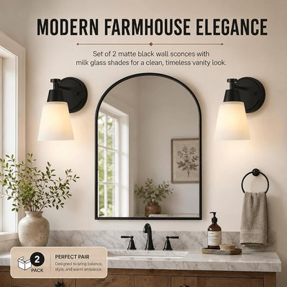 Wall Light Fixtures 2 Pack, Matte Black Vanity Lights with Milk Glass Shades, Modern Farmhouse Wall Sconces for Gallery, Mirror, Bedroom, and Bathroom
