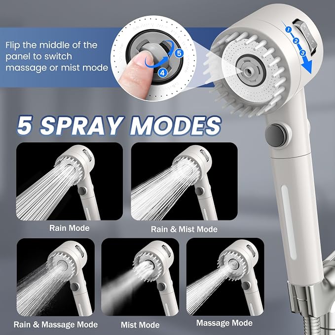 Filtered Shower Head with Handheld,High Pressure 5 Mode Shower with Filters | ON/OFF Switch Shower Filter Head for Hard Water, Remove Chlorine, Reduce Dry Itchy Skin,Holder & 60'' Hose Showerhead