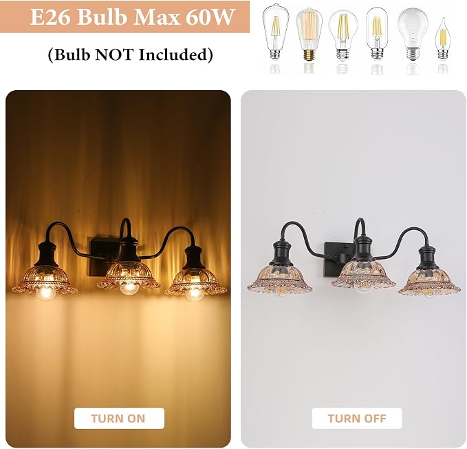 Farmhouse Vanity Lights 3-Light, Black Bathroom Light Fixtures with Amber Glass Shade, Vintage Vanity Lights Over Mirror, Farmhouse Wall Sconce for Bathroom, Vanity Table, Foyer