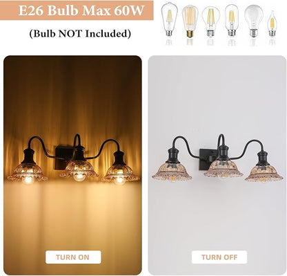 Farmhouse Vanity Lights 3-Light, Black Bathroom Light Fixtures with Amber Glass Shade, Vintage Vanity Lights Over Mirror, Farmhouse Wall Sconce for Bathroom, Vanity Table, Foyer