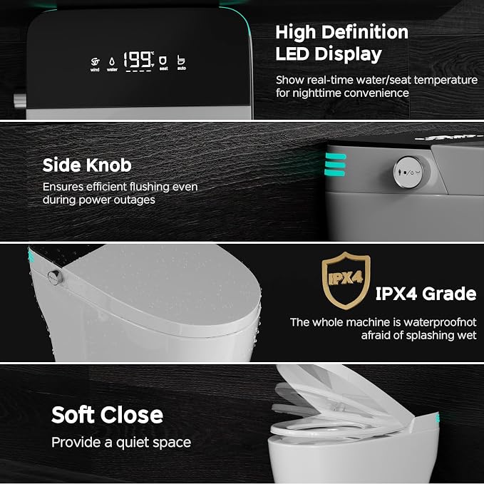 Smart Toilet with Bidet Built In, One Piece Bidet Toilet with Auto Dual Flush, Foam Shield, Modern Elongated Tankless Toilet with Foot Sensor, Heated Bidet Seat, Warm Water & Dryer,LED Display