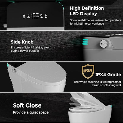 Smart Toilet with Bidet Built In, One Piece Bidet Toilet with Auto Dual Flush, Foam Shield, Modern Elongated Tankless Toilet with Foot Sensor, Heated Bidet Seat, Warm Water & Dryer,LED Display