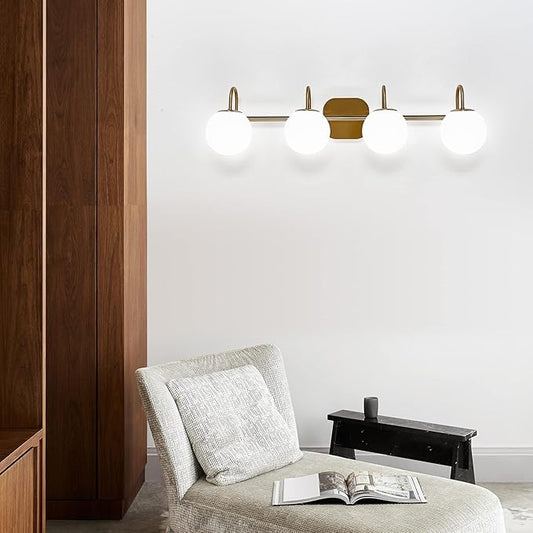 New Bathroom Vanity Light Fixtures 4-Lights Brushed Brass Frame and Milk White Glass Globe Shade Modern Wall Sconce Lighting Bath Vanity Lights Bar Over Mirror (Exclude G9 Bulb)