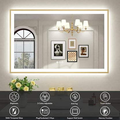 55x36 Inch LED Bthroom Mirror with Gold Frame | Gold Metal Frame, Front and Backlit, 3 Colors, Dimmable, Memory, Anti Fog, Tempered Glass, Lighted Mirror for Wall