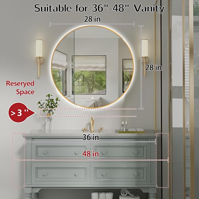 Niccy Round LED Bathroom Mirrors, Gold Framed Backlit Vanity Mirror, 28" | LED Smart Circle Mirror with 3 Color Lighting, Anti-Fog Lighted, IP65 Waterproof, Wall Mounted Bathroom Vanity