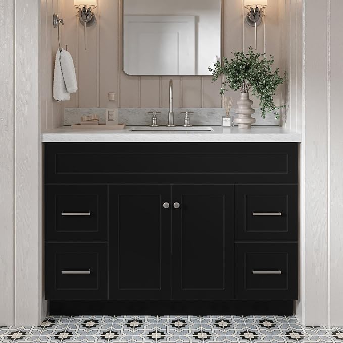 Bradford 48-Inch Bathroom Vanity with Sink — Black Single Sink Bathroom Vanity, 1.5" Edge Italian Carrara Marble Top, Solid Wood, 2 Soft-Close Doors, 4 Full Extension Dovetail Drawers
