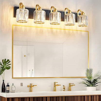 Black Gold Crystal Crooked Vanity Lights Over Mirror 5 Lights Bathroom Wall Lighting Fixtures with Round Shade (Exclude Bulb)