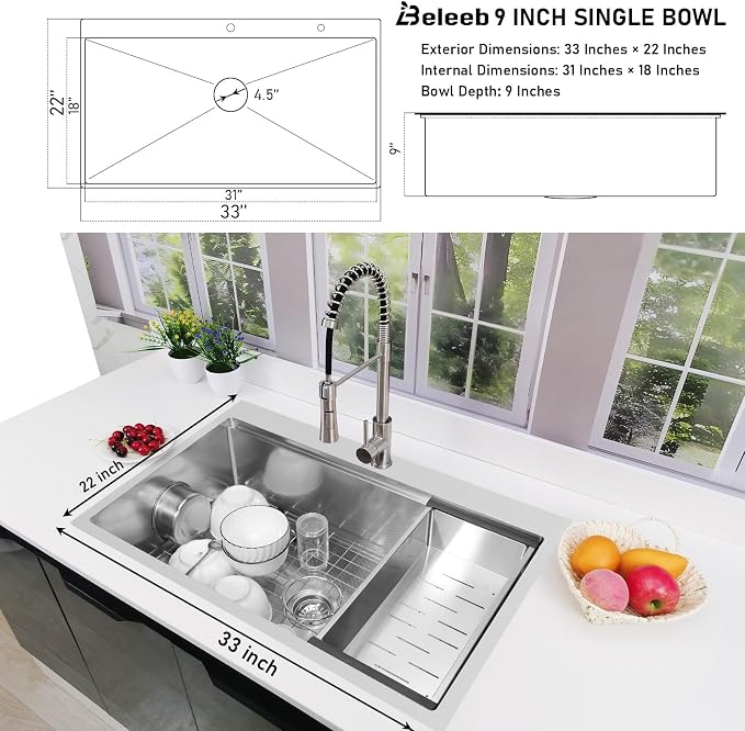 Drop-in Kitchen Sink 33"x22" Workstation:3D Micro-pebble Embossed | 18-Gauge Stainless Steel Sink, 9" Deep, Top Mount, Scratch-Resistant Embossed Surface, for Large Families