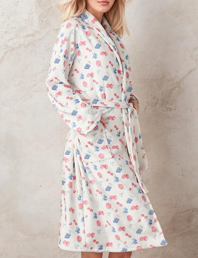 Women Fleece Fruit Print Robe Cute Robes for Women Spring Summer Lightweight Bathrobe Soft Flannel Gown with Belt