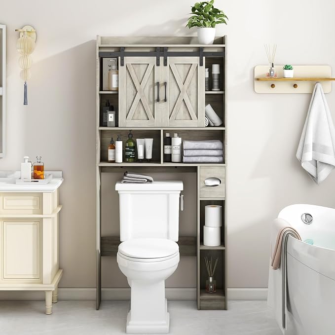 Vabches Over The Toilet Storage Cabinet with Sliding Doors, Grey | Farmhouse Storage Cabinet Over Toilet, Home Space-Saving Toilet Rack, Toilet Paper Holder Stand,for Restroom,Bathroom,Laundry