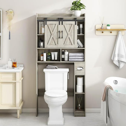 Vabches Over The Toilet Storage Cabinet with Sliding Doors, Grey | Farmhouse Storage Cabinet Over Toilet, Home Space-Saving Toilet Rack, Toilet Paper Holder Stand,for Restroom,Bathroom,Laundry