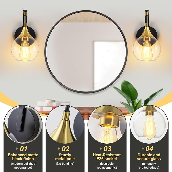 Black and Gold Wall Sconces Set of Two, Modern Wall Sconce Light | with Clear Glass Shade, Globe Wall Mounted Light Fixture for Bathroom, Living Room, Hallway, Bedroom, Bathroom