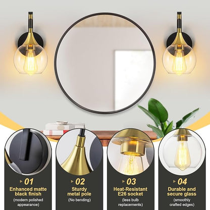 Black and Gold Wall Sconces Set of Two, Modern Wall Sconce Light | with Clear Glass Shade, Globe Wall Mounted Light Fixture for Bathroom, Living Room, Hallway, Bedroom, Bathroom