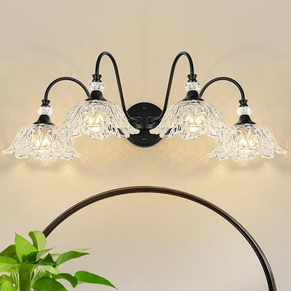 4-Light Matte Black Bathroom Vanity Light, Farmhouse Vanity Light with Floral Clear Glass Shades, Vintage Wall Mount Lighting for Bathroom