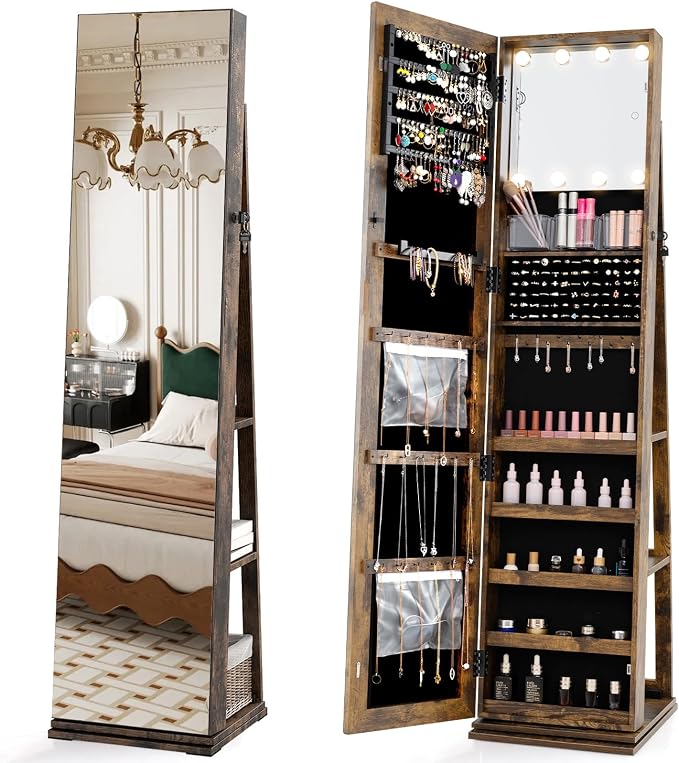 CHARMAID Swivel Jewelry Armoire with Full-Length Mirror & Lighted Makeup Mirror, 360° Rotating Jewelry Cabinet Organizer for Earrings, Rings, Necklaces, Bracelets, Back Storage Shelves (Rustic Brown)
