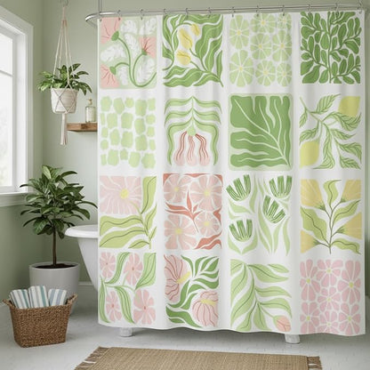 JAWO Sage Green Cute Boho Floral Shower Curtain, Colorful Abstract Floral Retro Aesthetic Shower Curtain for Bathroom, Funky Unique Waterproof Fabric Polyester Bath Curtains with Hooks,36WX72H