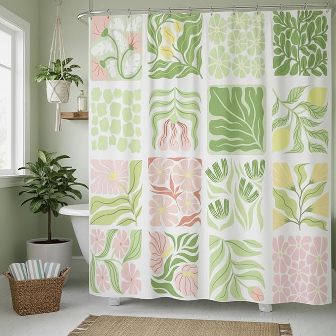 JAWO Sage Green Cute Boho Floral Shower Curtain, Colorful Abstract Floral Retro Aesthetic Shower Curtain for Bathroom, Funky Unique Waterproof Fabric Polyester Bath Curtains with Hooks,47Wx64H
