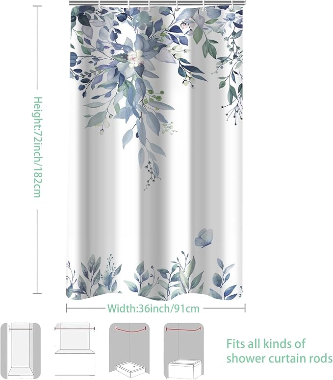 Blue Floral Eucalyptus Shower Curtain with Hooks, 36x72 Inch | Waterproof Fabric, Watercolor Leaves and Floral, Botanical Style, Machine Washable, Quick-Drying, for Hotel Bathroom