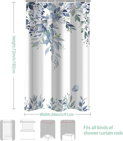 Blue Floral Eucalyptus Shower Curtain with Hooks, 36x72 Inch | Waterproof Fabric, Watercolor Leaves and Floral, Botanical Style, Machine Washable, Quick-Drying, for Hotel Bathroom