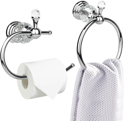2 Pieces Sets Silver Crystal Series Toilet Paper Holder Wall Mouted Towel Ring, Gold Round Hand Towel Rack Decorative for Bathrooms