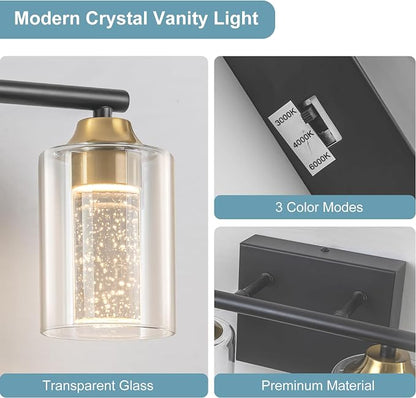 4-Light Black & Gold Bathroom Vanity Light with 3 Color Modes (3000K/4000K/6000K), Dimmable Modern Wall Light Over Mirror with Clear Glass Shade