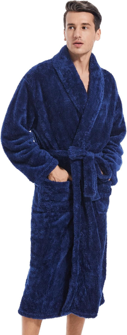 Inner Wish Mens Plush Fleece Robe, Cozy Warm Bathrobe Fuzzy Male Spa Long Robe With Pockets (DARK GREY)