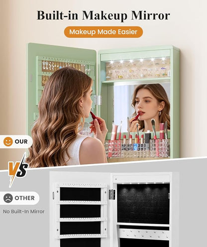 LVSOMT Over the Door Jewelry Organizer with Mirror Door Mirror with Storage | Jewelry Mirror Cabinet with Large Capacity, 6 LED Lights,Velvet Lining, Space-Saving for Bedroom, Cloakroom, Gift Women Girls
