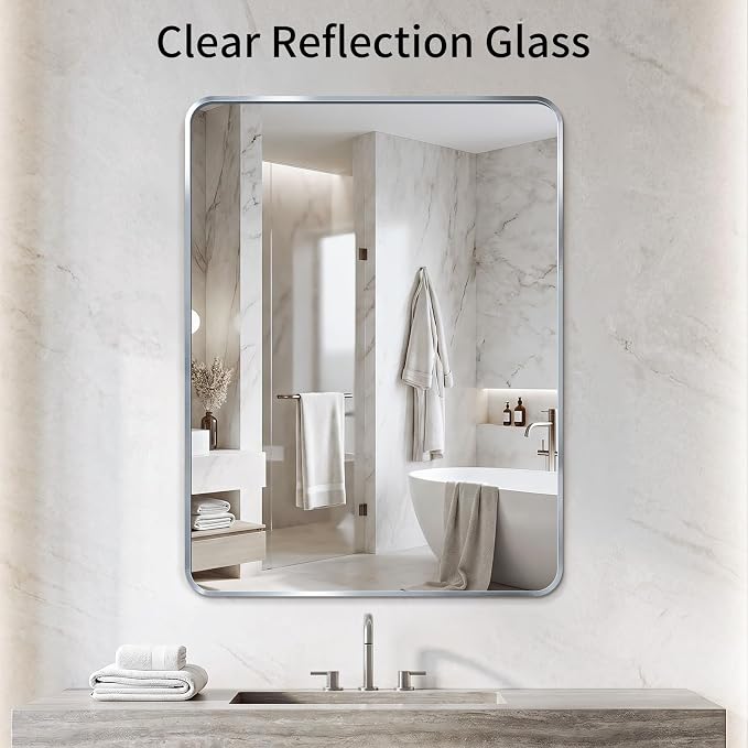 Bathroom Mirror for Wall, 30"x40" Black Bathroom Mirror for Over Sink, Shatterproof Tempered Glass Vanity Mirror with Anti-Rust Aluminum Alloy Frame, Hang Horizontally or Vertically, Silver