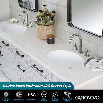 gotonovo 3 Hole 2 Handles Lavatory Basin Bathroom Sink Faucet with Pop Up Drain with Hot and Cold Mixer Valves 8 Inch Widespread Bathroom Faucet Brushed Nickel