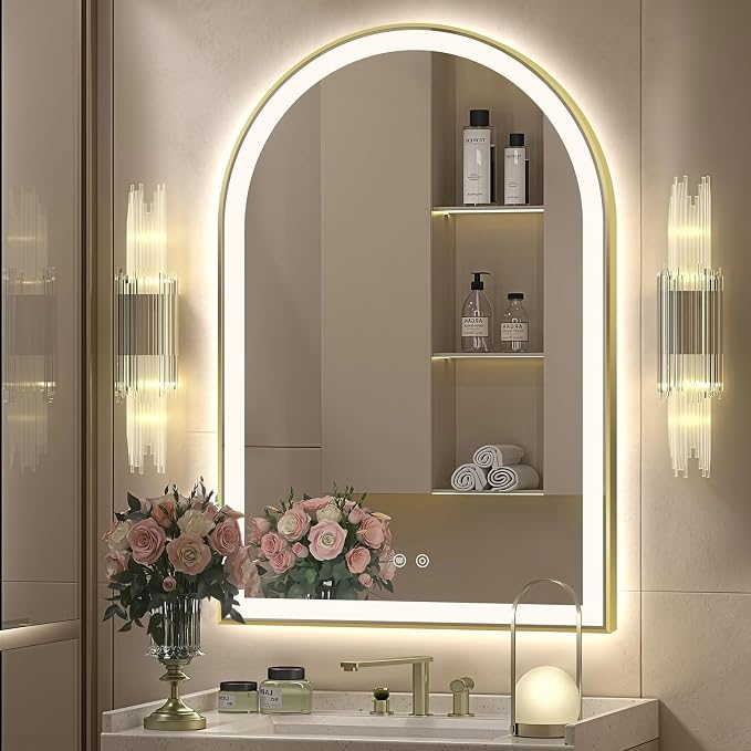 Arched LED Bathroom Mirror, 36"x24" Arch Backlit Vanity Mirror with Lights, Frontlit, Dimmable, 3 Colors, Memory Function, Anti-Fog Smart Mirror, Shiny Gold Frame, Shatterproof, UL Listed