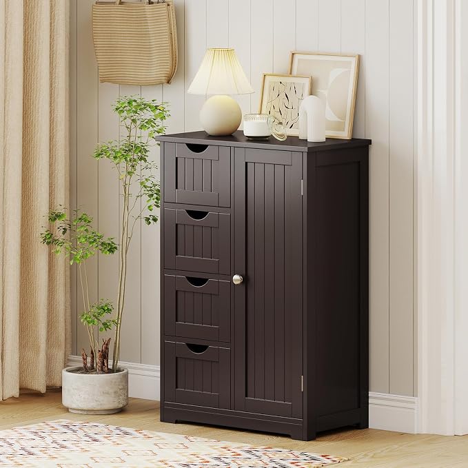 Giantex Bathroom Storage Cabinet with Drawers - 4 Drawer Storage Organizer w/Cupboard, Adjustable Shelf, Anti-Toppling Device, Entryway Storage Unit Console Table, Bathroom Floor Cabinet (Brown)