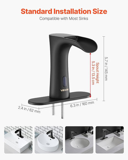 VEVOR Touchless Bathroom Sink Faucet, Automatic Motion Sensor Waterfall Restroom Toilet Faucet with Hole Cover Plate, Modern Electronic Sensor Hot/Cold Water for 9/16 in Pipe Commercial,Matte Black