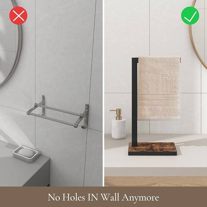 Hand Towel Stand for Bathroom Counter, L-Shape Hand Towel Holder | Towel Holder Stand Height 13.85'' for Vanity Countertop, Kitchen Counter, Rustic Brown-Square Base-L Shape