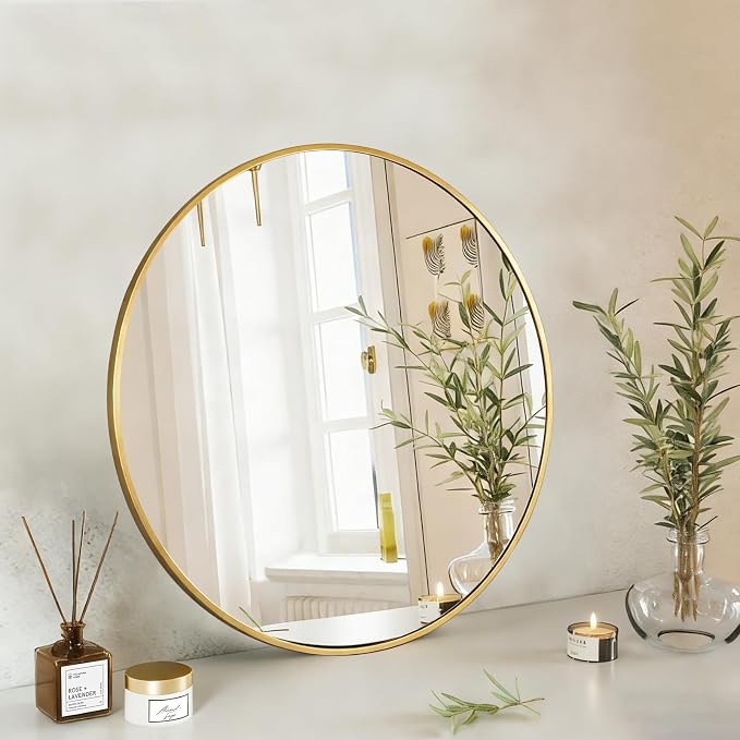 DUMOS 20 Inch Round Wall Mirror, Bathroom Mirror, Gold | Metal Frame, Tempered Glass & Anti Rust Metal Frame, Decor for Bathroom Vanity Bedroom Entryway