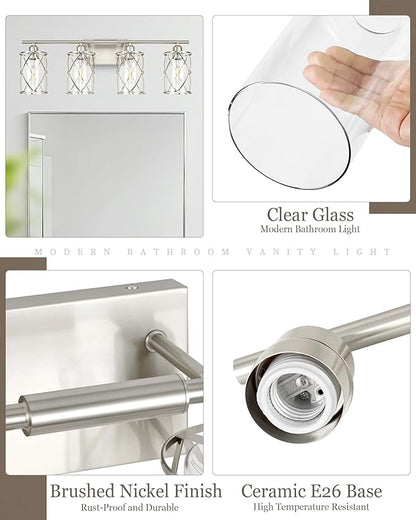 4-Light Brushed Nickel Bathroom Light Fixtures, 29 Inch Modern Bathroom Vanity Lighting Fixtures Over Mirror with Clear Glass and Metal Cage Wall Sconce Lights for Bath, E26, CH9176BN-4W