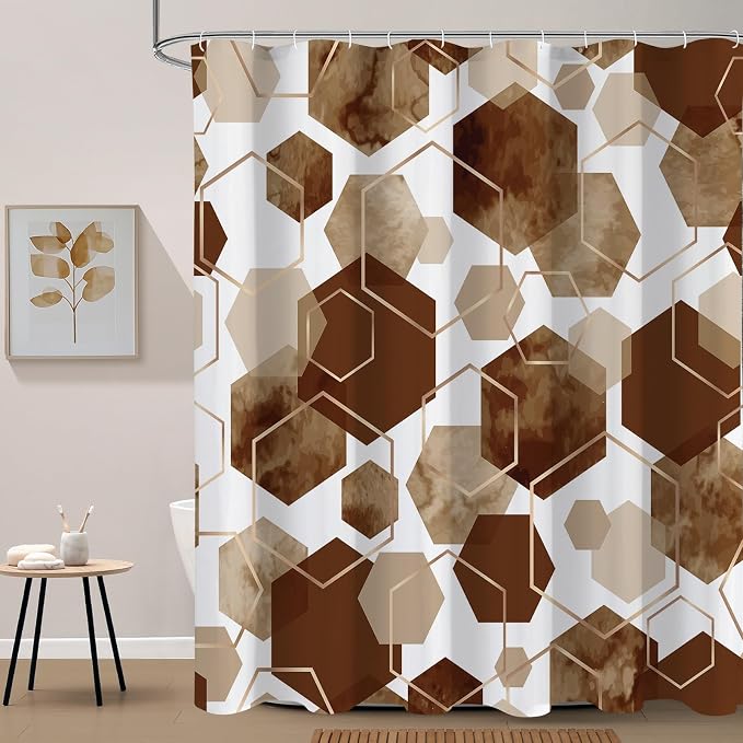 Litabel Long Shower Curtain for Bathroom, Geometric Bathroom Decor 72x78 | Long Modern Minimalist Shower Curtais, Brown Geometric Art Print Abstract Waterproof Bath Curtain