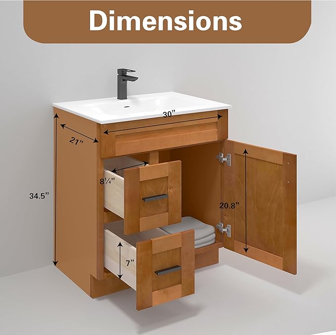 30" Shaker Bathroom Vanity Sink Base with Drawers (Ready-to-Assemble) (Maple Shaker Vanity Base)