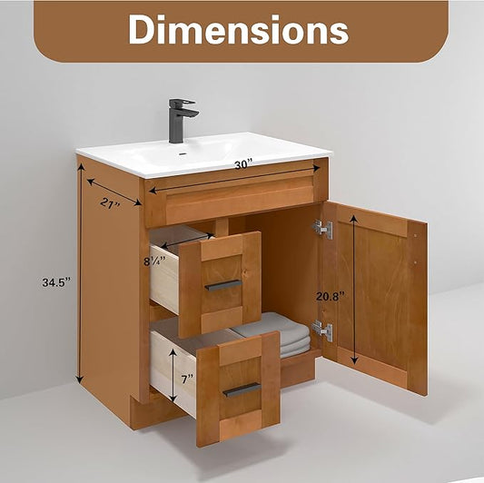 30" Shaker Bathroom Vanity Sink Base with Drawers (Ready-to-Assemble) (Maple Shaker Vanity Base)