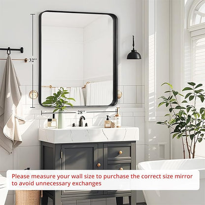 Fabuday Black Bathroom Vanity Mirror - 28x32 Inch Wall Mounted Mirror for Over Sink, Matte Metal Framed Mirrors, Rounded Rectangle Design, Horizontal or Vertical Hanging