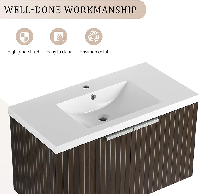 SSLine Wall Mounted Bathroom Vanity with Sink Combo Modern 36-Inch Single Bathroom Vanity Set with Top Basin &Storage Cabinet Wood Hanging Bath Cabinet w/Resin Sink for Small Space(Dark Brown Stripe)