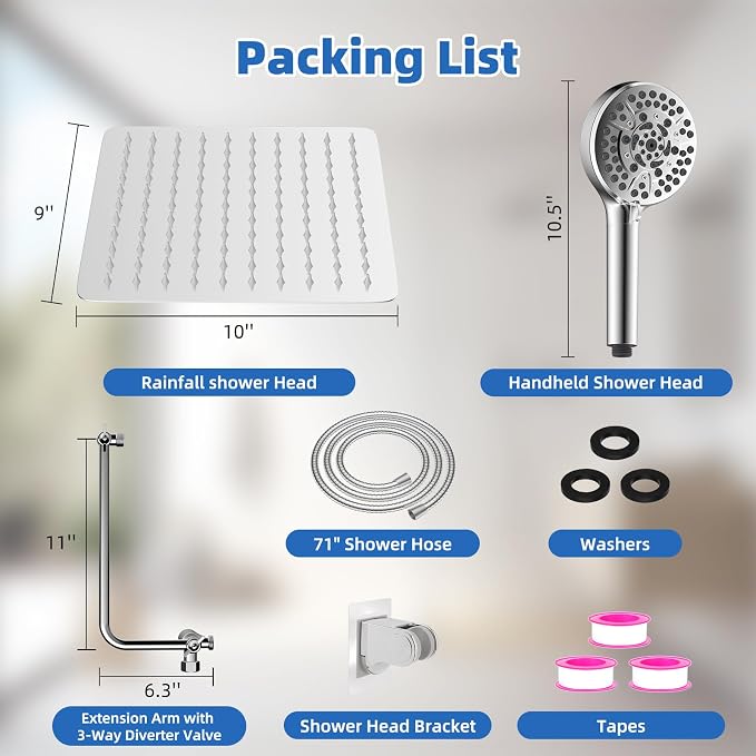 10" Metal Rainfall Shower Head with 10-Mode Handheld, Chrome | NSF/ANSI/CAN 372 Certified, High Pressure Showerhead Combo with 11" Adjustable Shower Arm, 71" Hose, Shower Head Holder