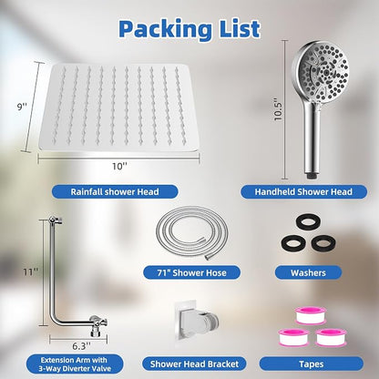 10" Metal Rainfall Shower Head with 10-Mode Handheld, Chrome | NSF/ANSI/CAN 372 Certified, High Pressure Showerhead Combo with 11" Adjustable Shower Arm, 71" Hose, Shower Head Holder
